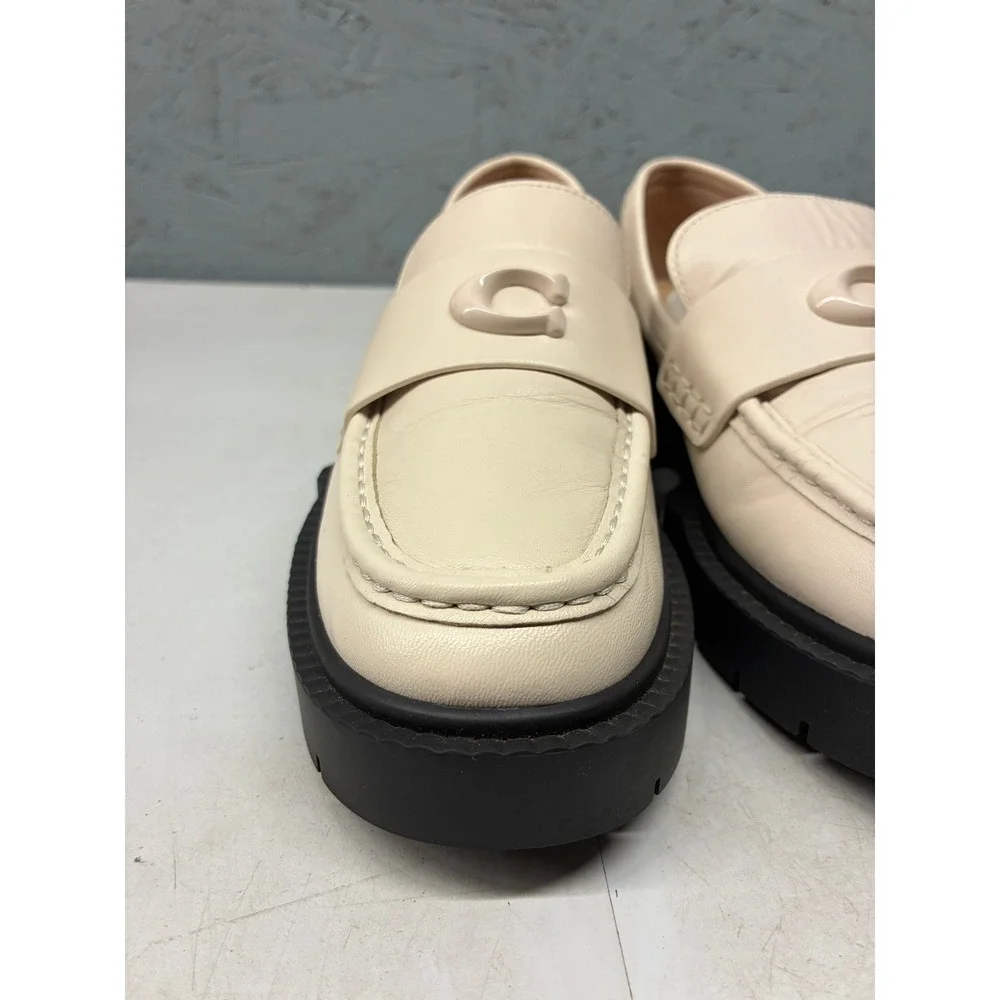 Coach Leah Platform Lug Sole Loafers Womens 7 Off White Leather C Logo CB990